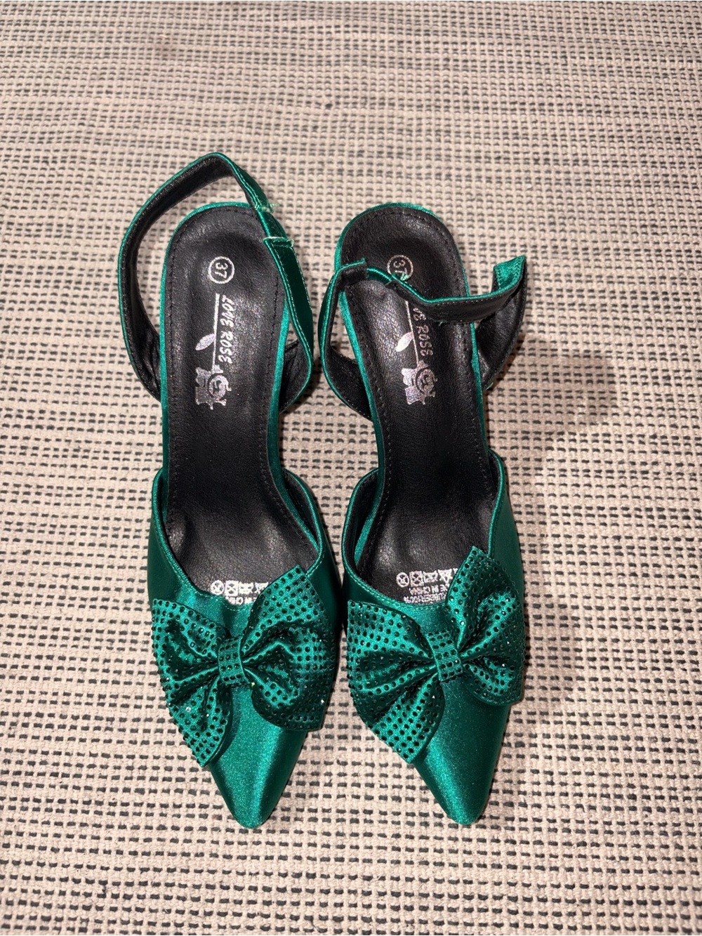 LOVE ROSE Women's Bow Rhinestone Satin Slingback Heels Size 37 In Green